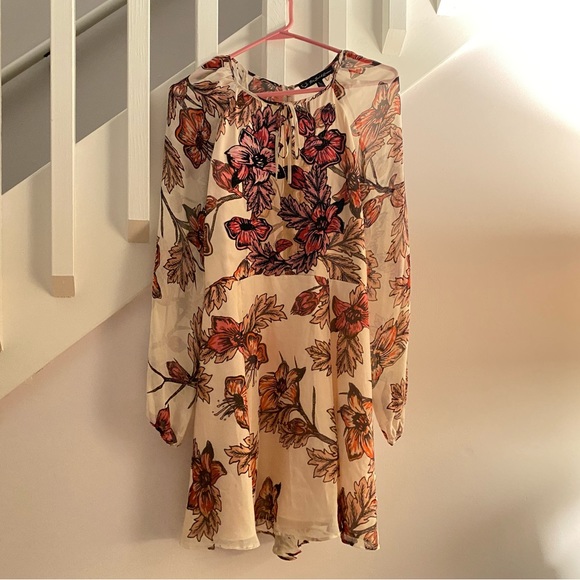 For Love & Lemons Sierra Mini Dress Sheer Vintage Pink Floral Long Sleeve Large - Picture 3 of 7